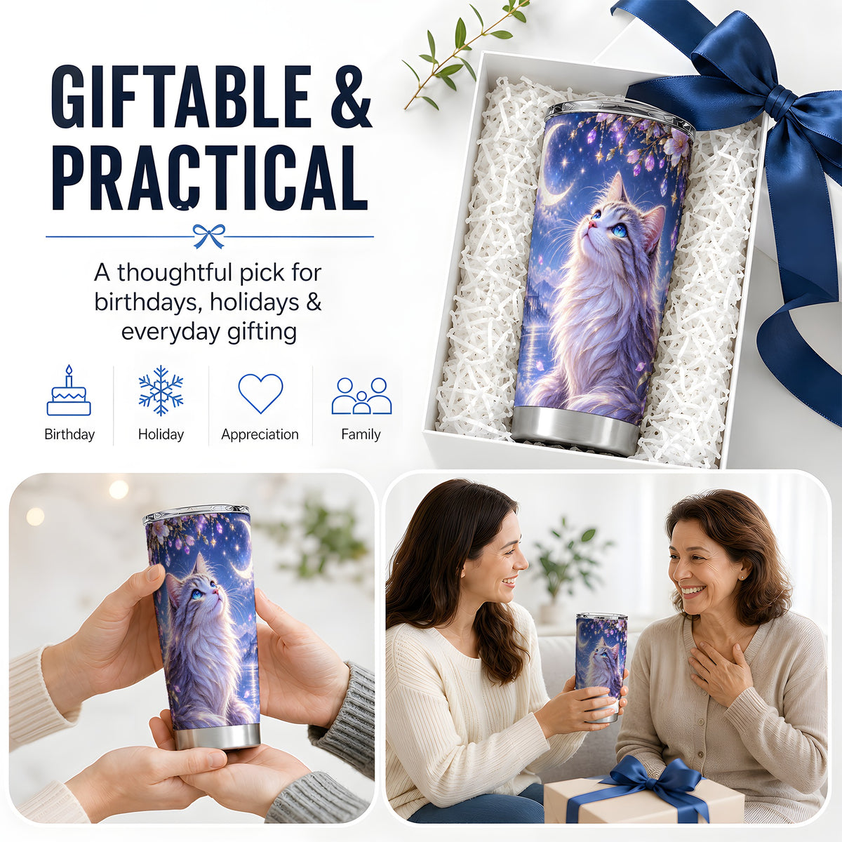 Fantasy Moon Cat Tumbler, 20oz Tumbler with Celestial Floral Artwork