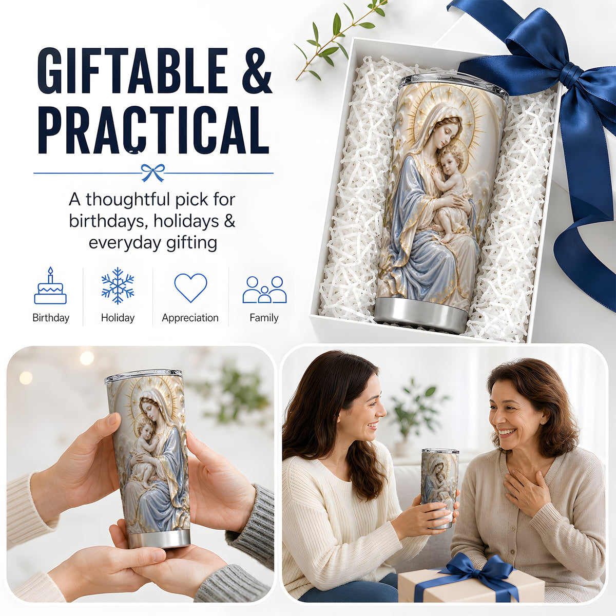 Mary and Child 20oz Stainless Steel Tumbler with Sacred Floral Art