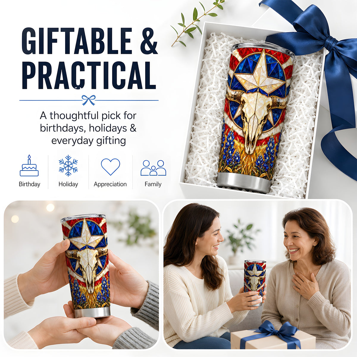 Western Cattle Skull 20oz Tumbler, Printed Drinkware for Western Art Lovers