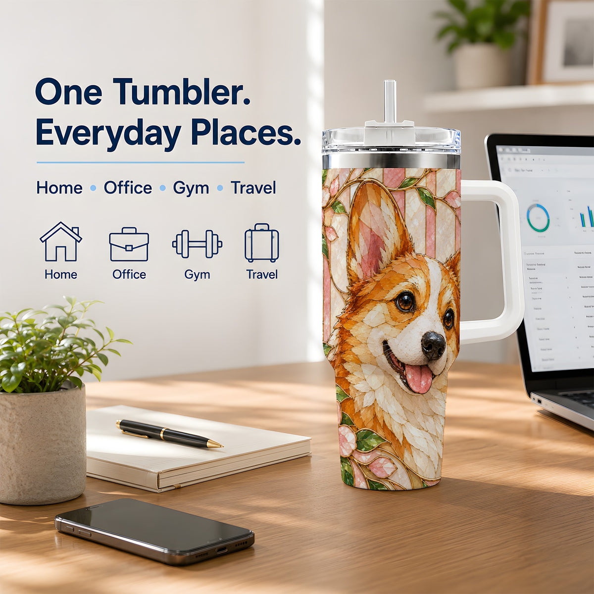 Floral Corgi 40oz Tumbler, Stained Glass Style Dog Drinkware
