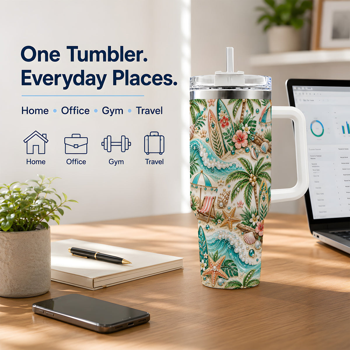 Tropical Surf Beach Pattern 40oz Tumbler with Palm Tree Coastal Artwork
