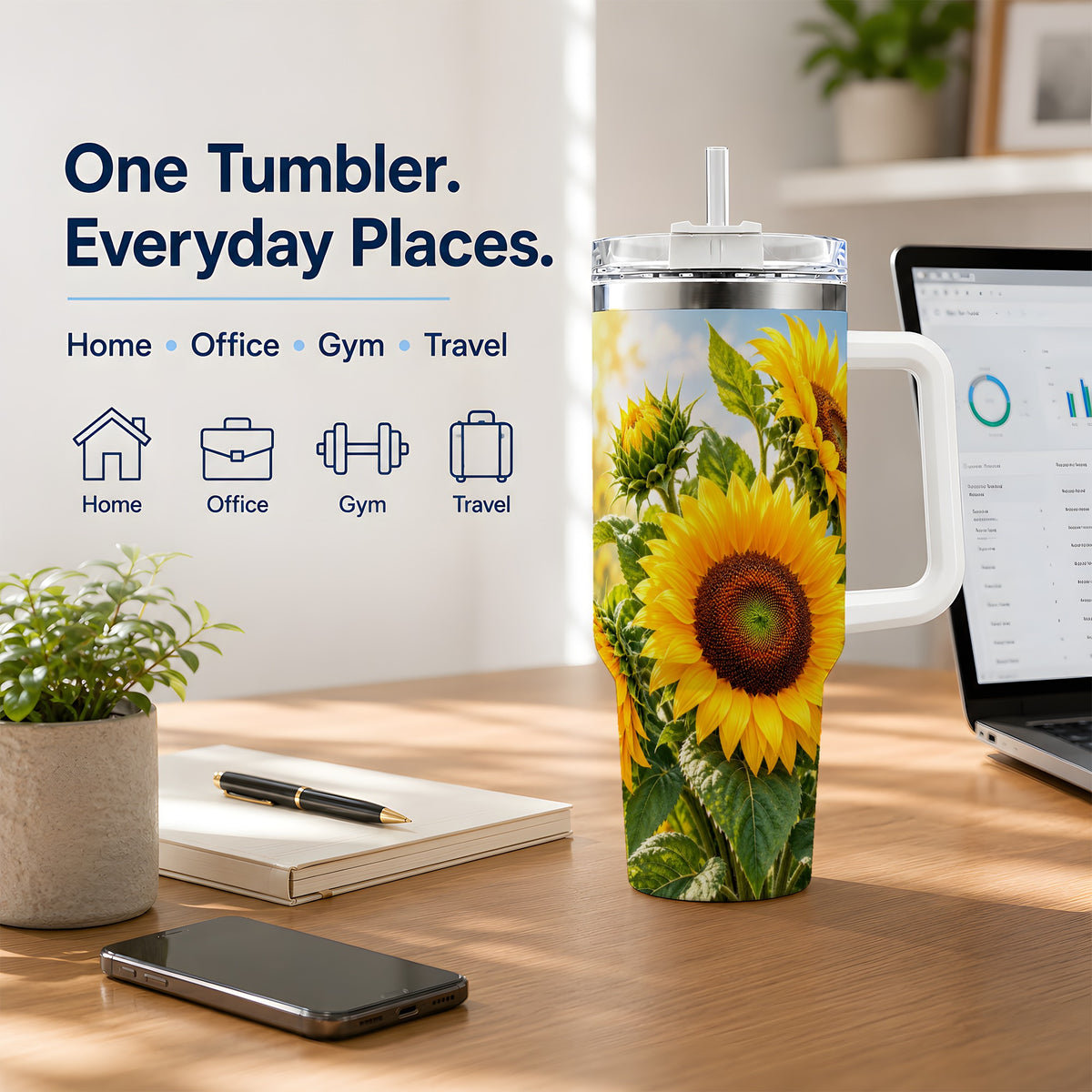 Sunflower Tumbler, 40oz Stainless Steel Drinkware with Floral Artwork