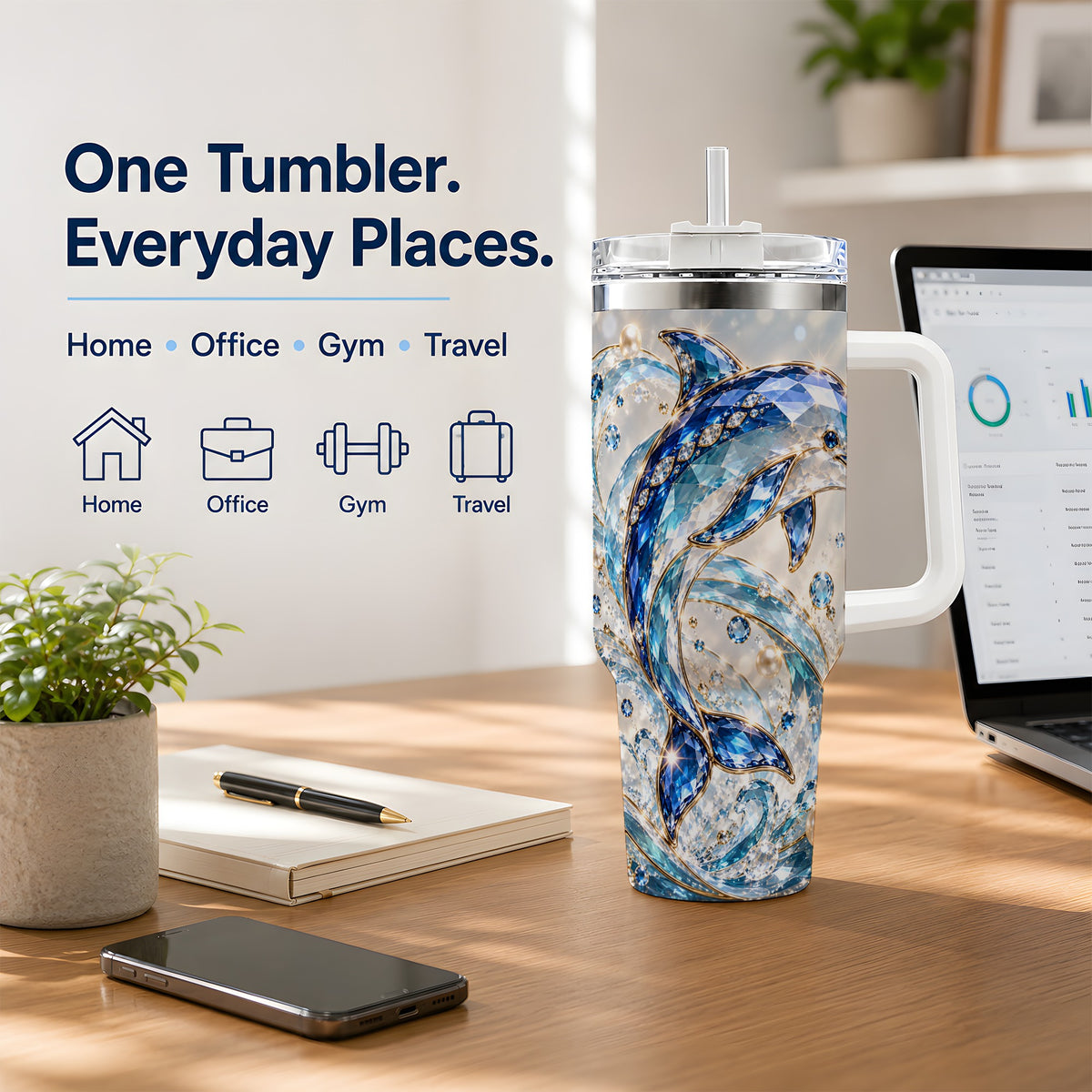 Blue Dolphin 40oz Tumbler, Faceted Ocean Wave and Pearl Artwork