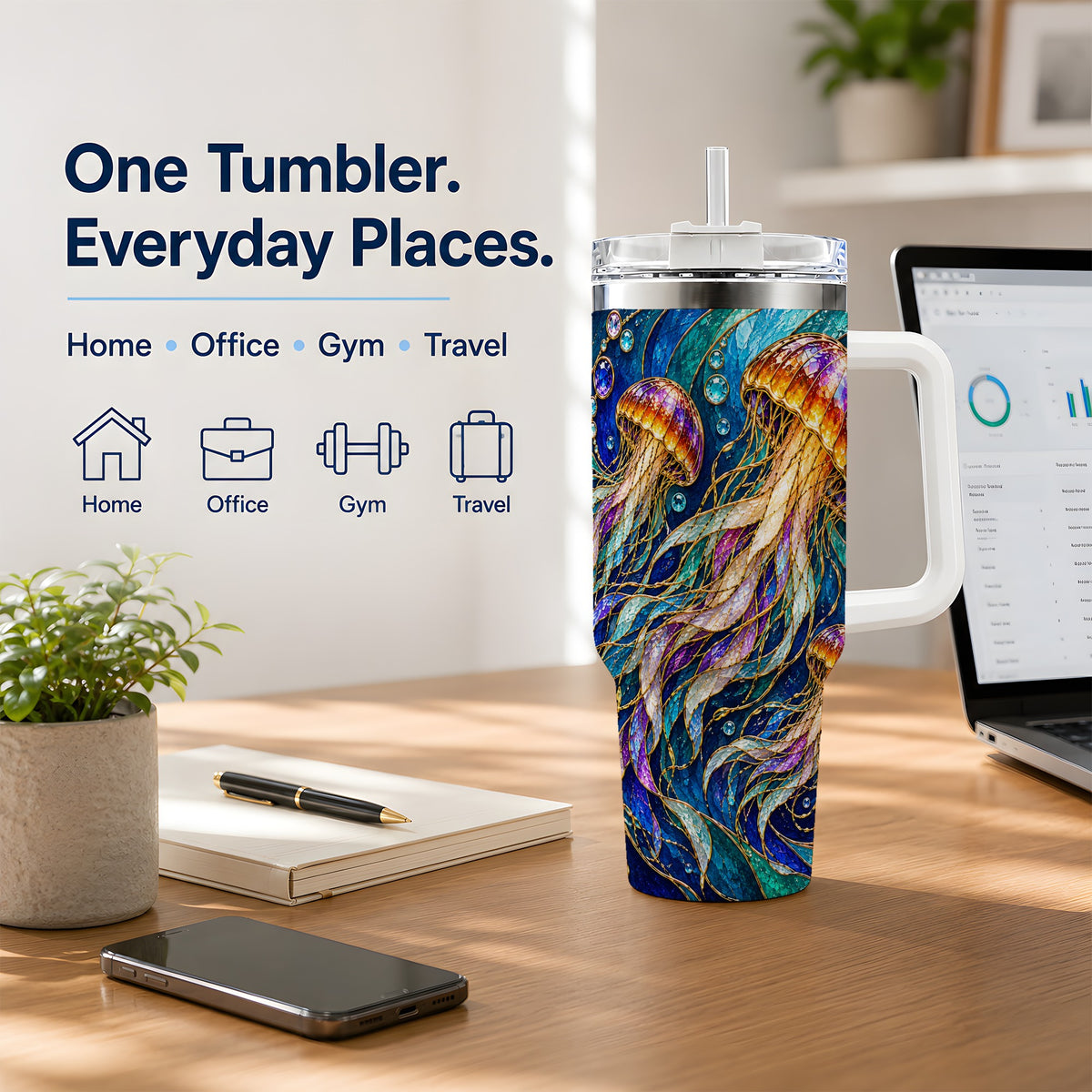 Colorful Jellyfish 40oz Tumbler, Swirling Ocean Wave Artwork