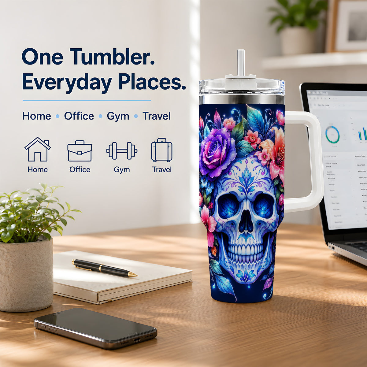 Blue Floral Skull 40oz Tumbler, Colorful Botanical Gothic Art