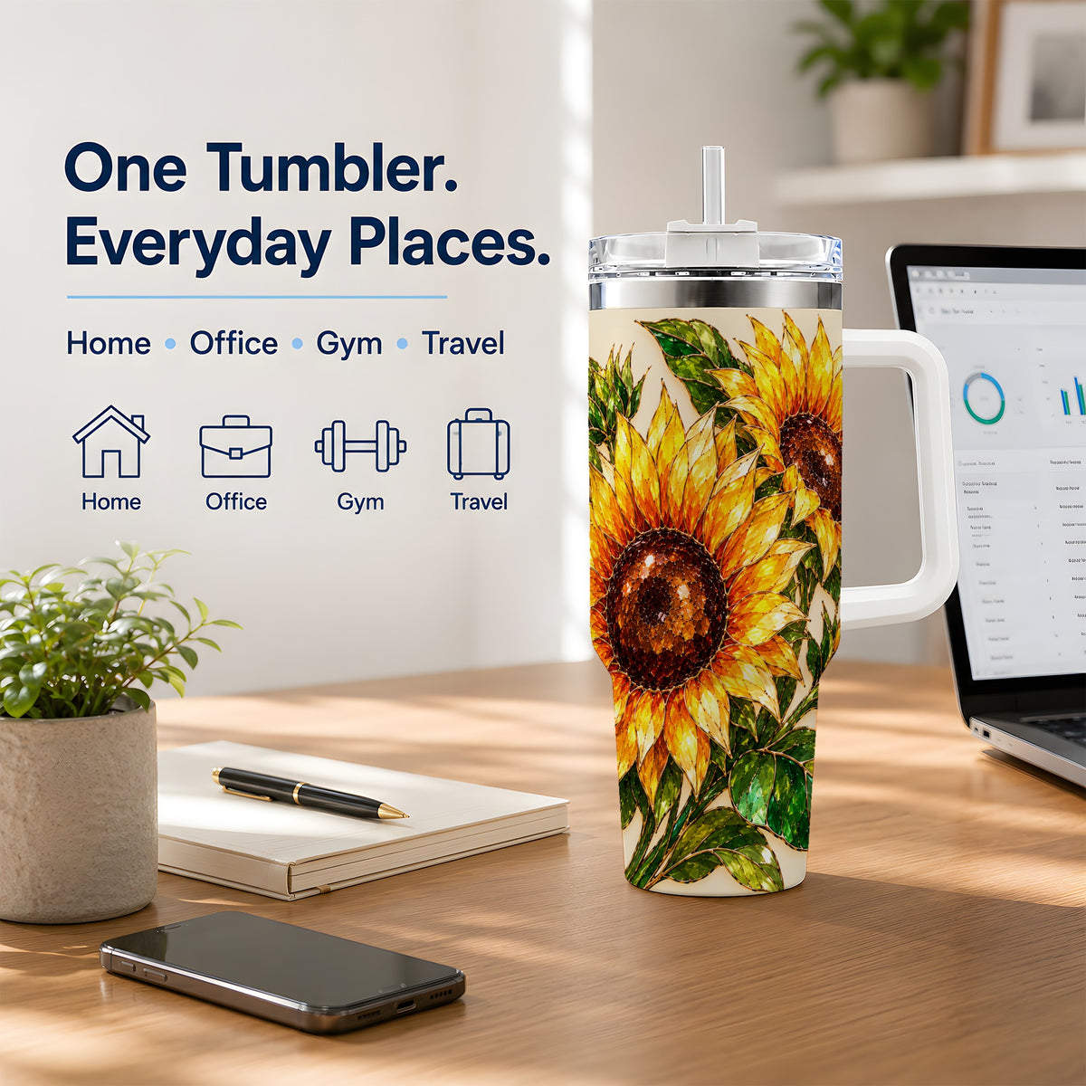 Sunflower 40oz Tumbler, Bright Botanical Design for Everyday Drinks