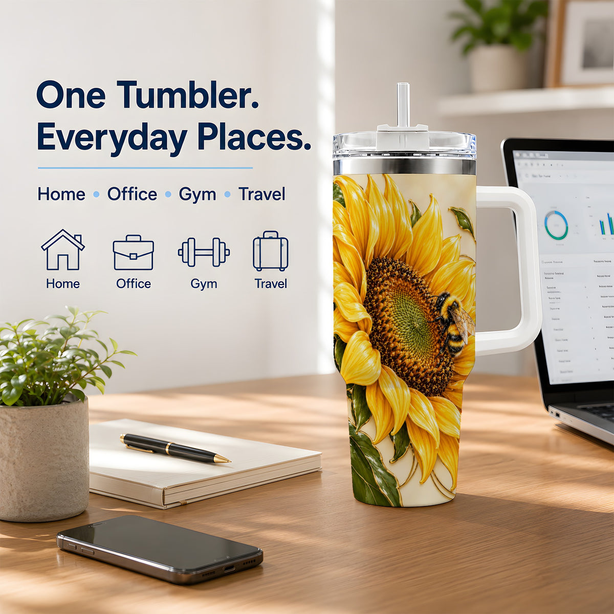 Sunflower and Bee Tumbler, 40oz Tumbler with Botanical Floral Artwork
