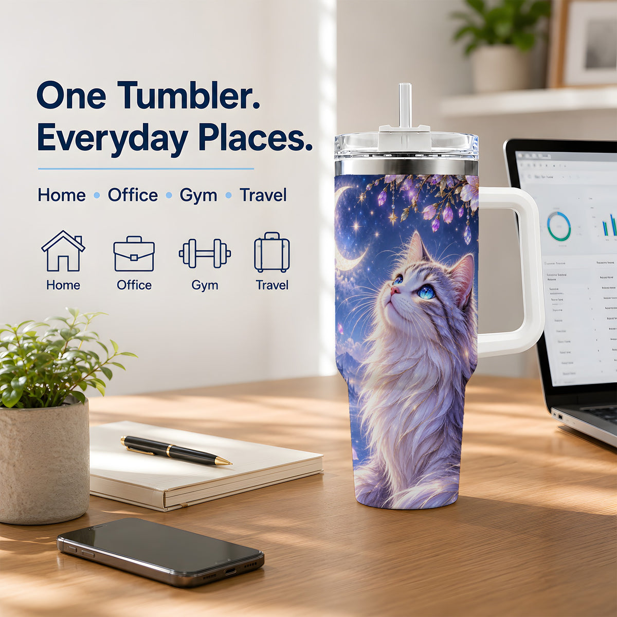 Fantasy Moon Cat Tumbler, 40oz Tumbler with Celestial Floral Artwork