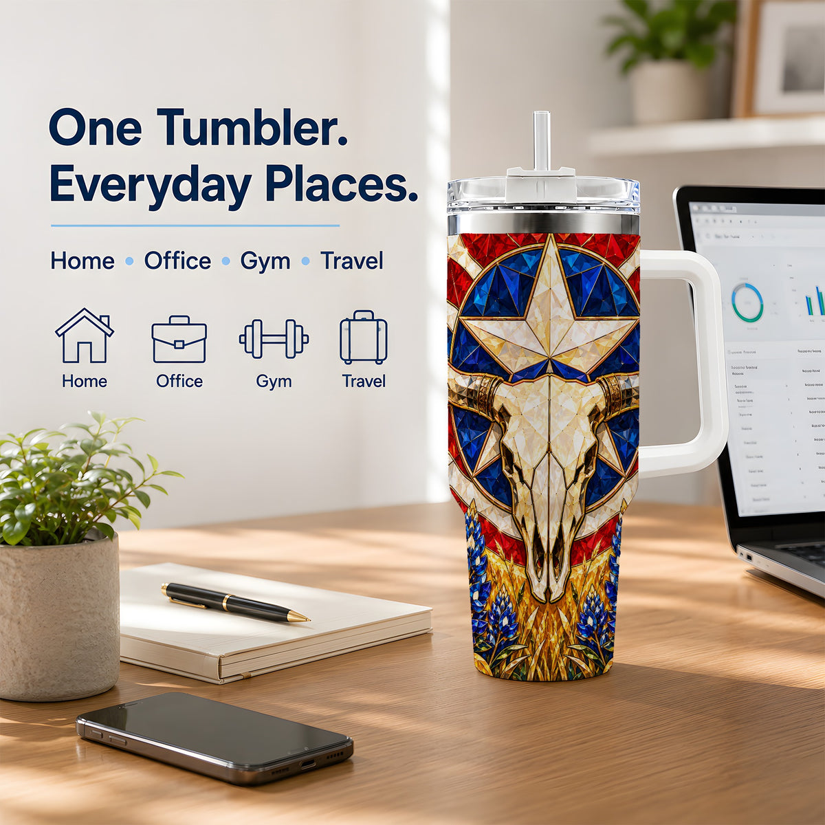 Western Cattle Skull 40oz Tumbler, Printed Drinkware for Western Art Lovers
