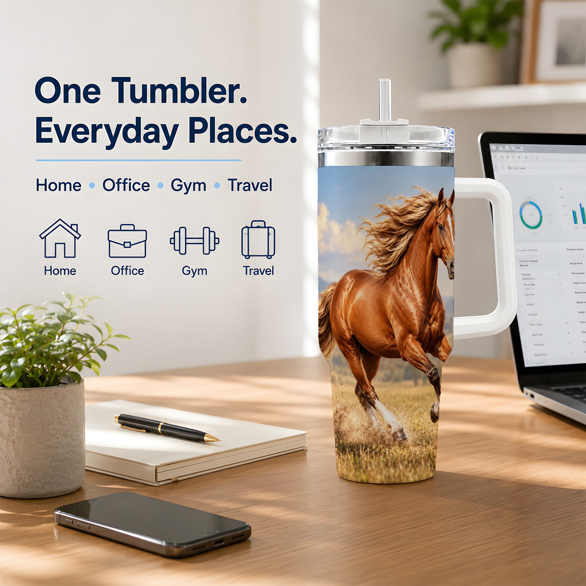 Galloping Chestnut Horse 40oz Tumbler, Printed Drinkware for Horse Lovers