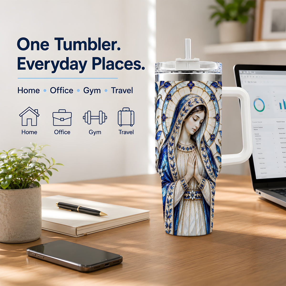 Virgin Mary Floral 40oz Tumbler, Printed Drinkware for Christian Art Lovers