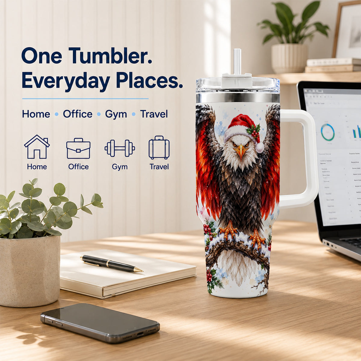 Christmas Eagle 40oz Tumbler with Handle, Watercolor Wildlife Art