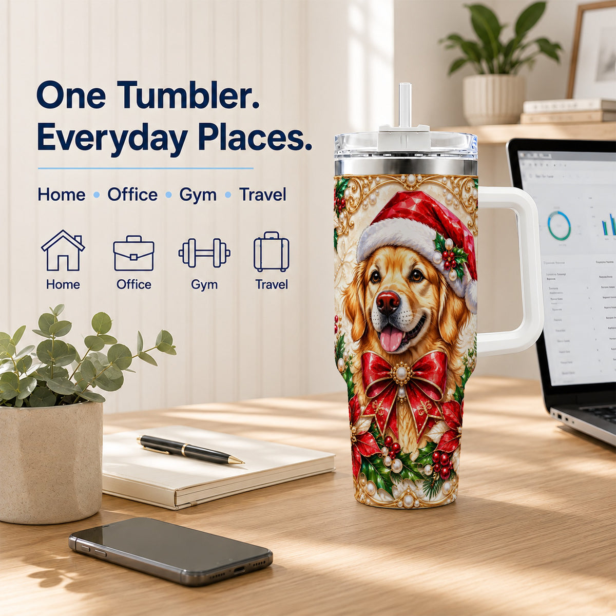 Christmas Golden Retriever 40oz Tumbler with Handle, Festive Dog Art
