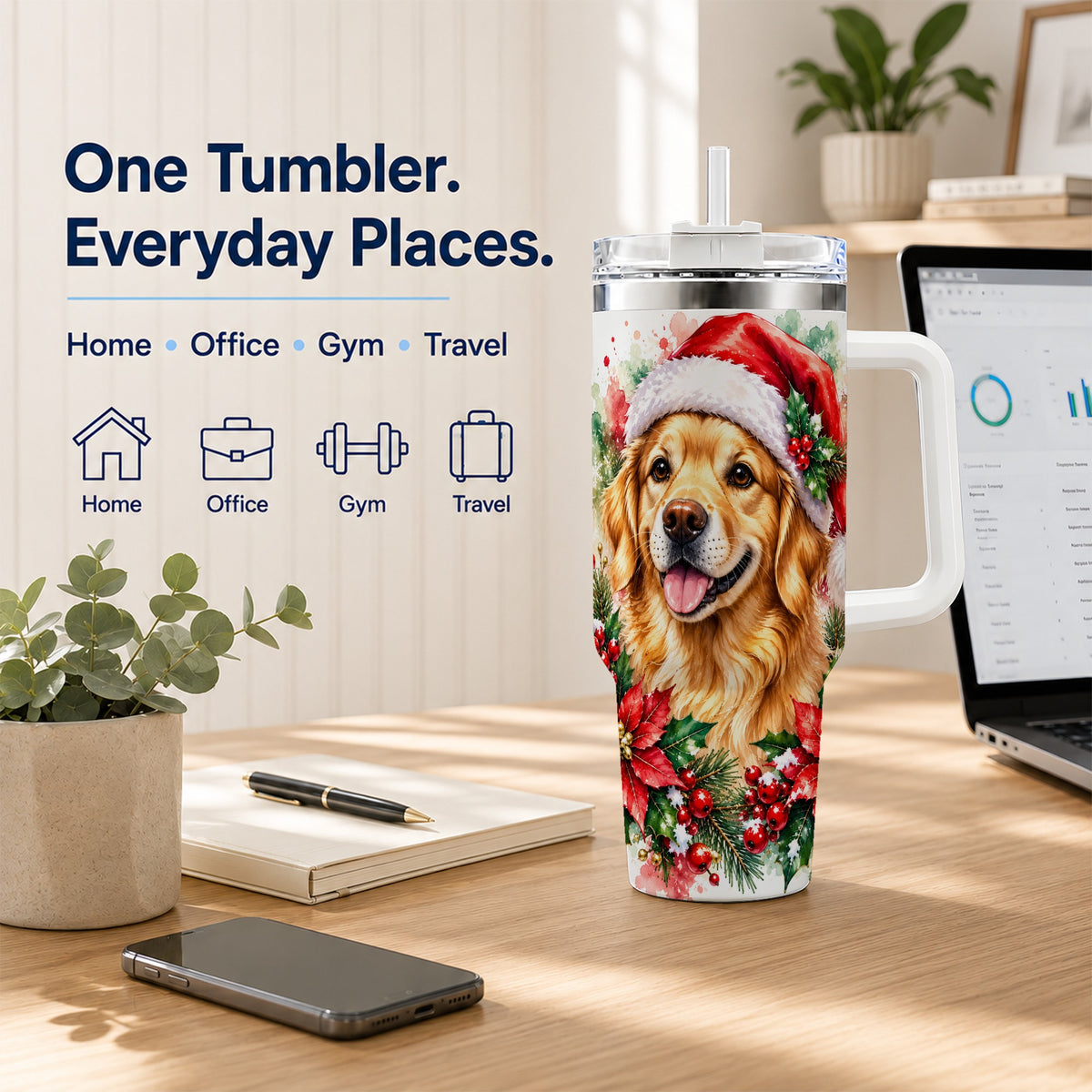 Watercolor Golden Retriever 40oz Tumbler with Handle, Christmas Dog Art