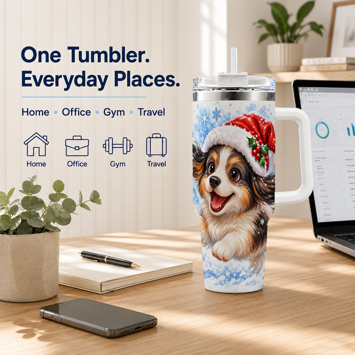 Christmas Tricolor Puppy 40oz Tumbler with Handle, Blue Snowflake Art