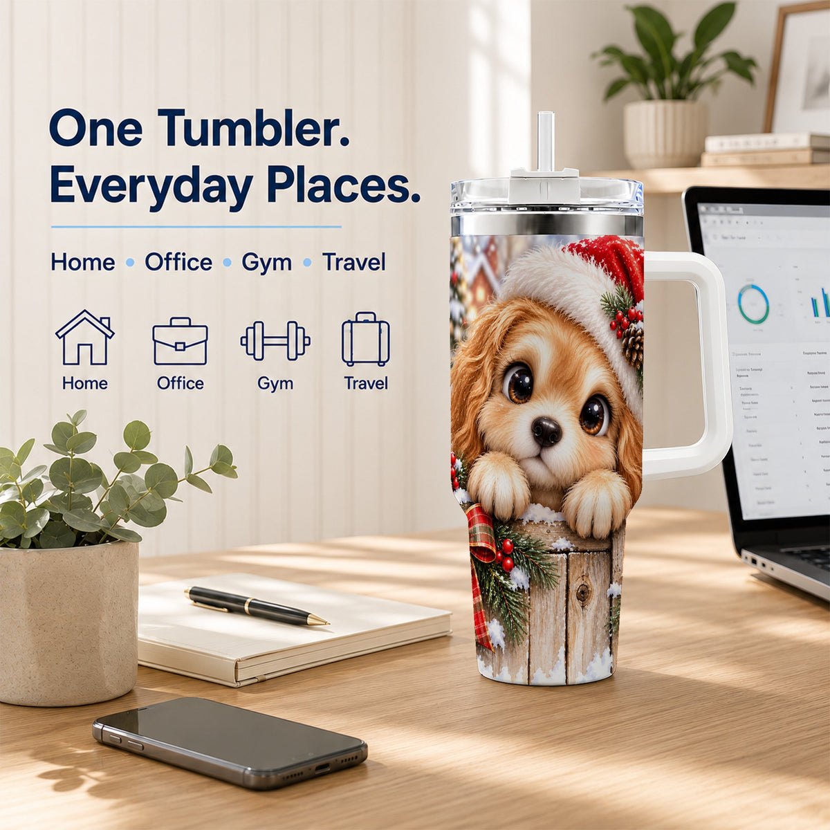 Christmas Puppy 40oz Tumbler with Handle, Santa Dog Holiday Drinkware