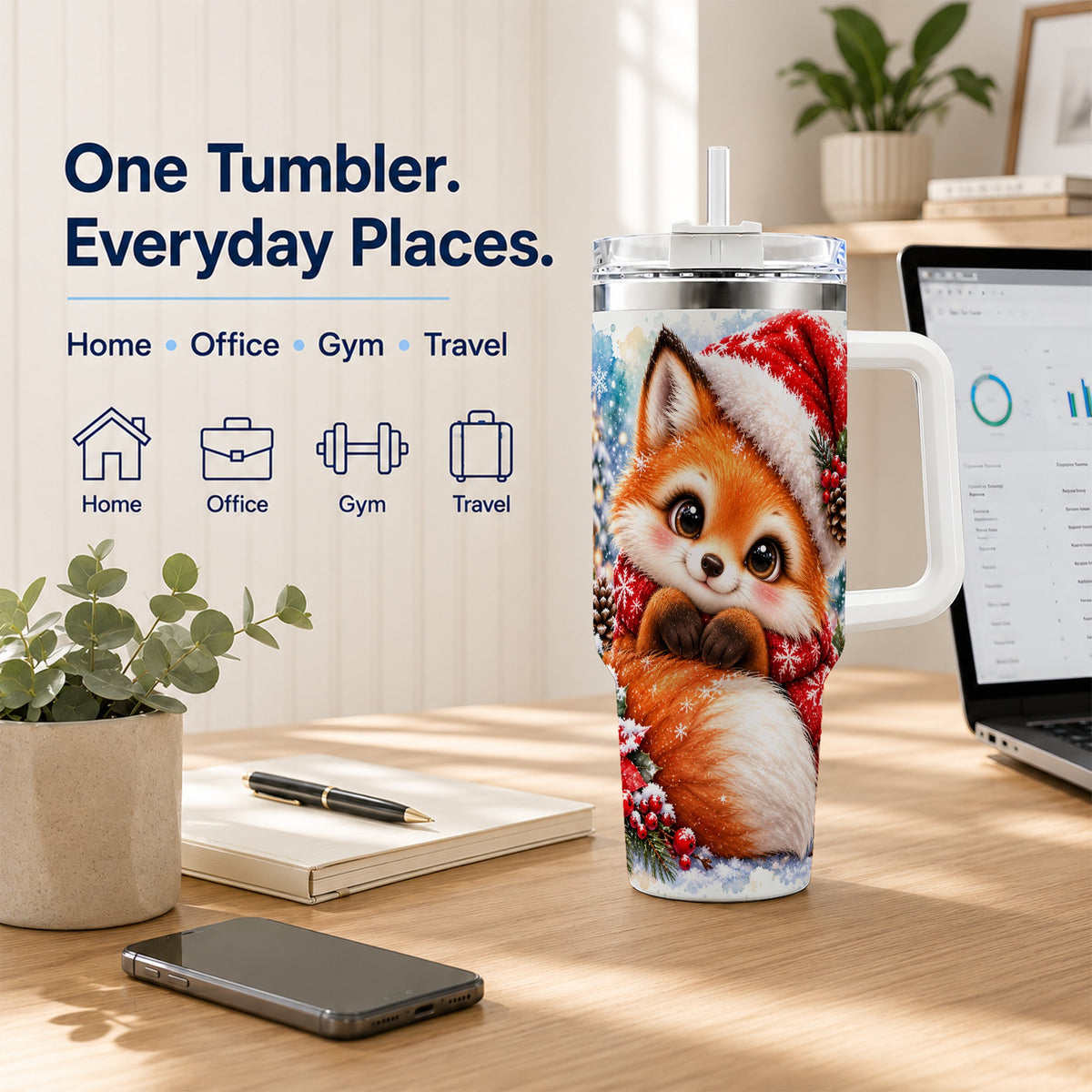 Christmas Fox 40oz Tumbler with Handle, Winter Woodland Drinkware