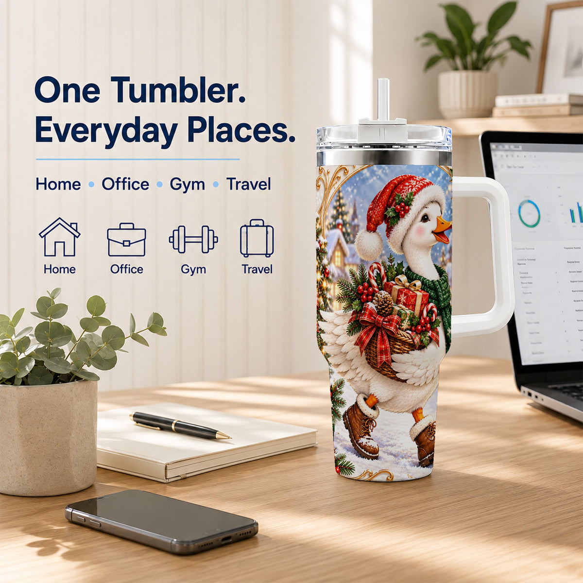 Christmas Goose 40oz Tumbler with Handle, Festive Winter Bird Design