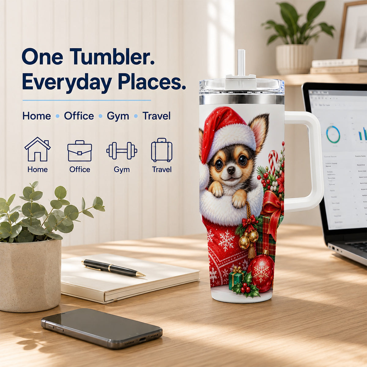 Christmas Chihuahua 40oz Tumbler with Handle, Holiday Puppy Cup