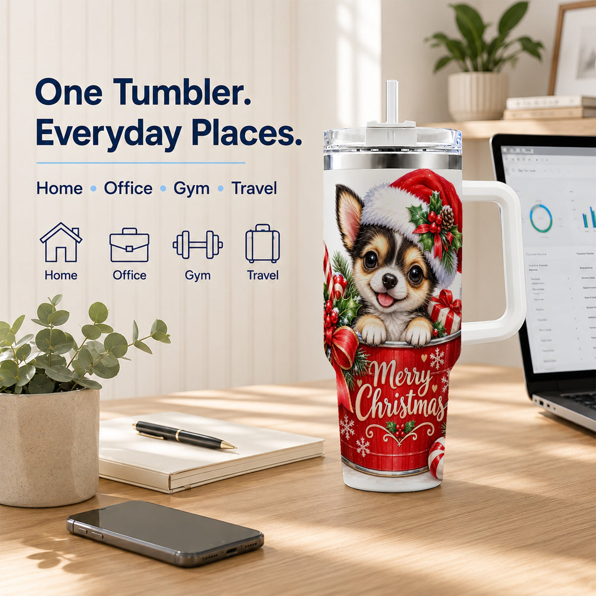 Christmas Chihuahua 40oz Tumbler with Handle, Merry Christmas Puppy