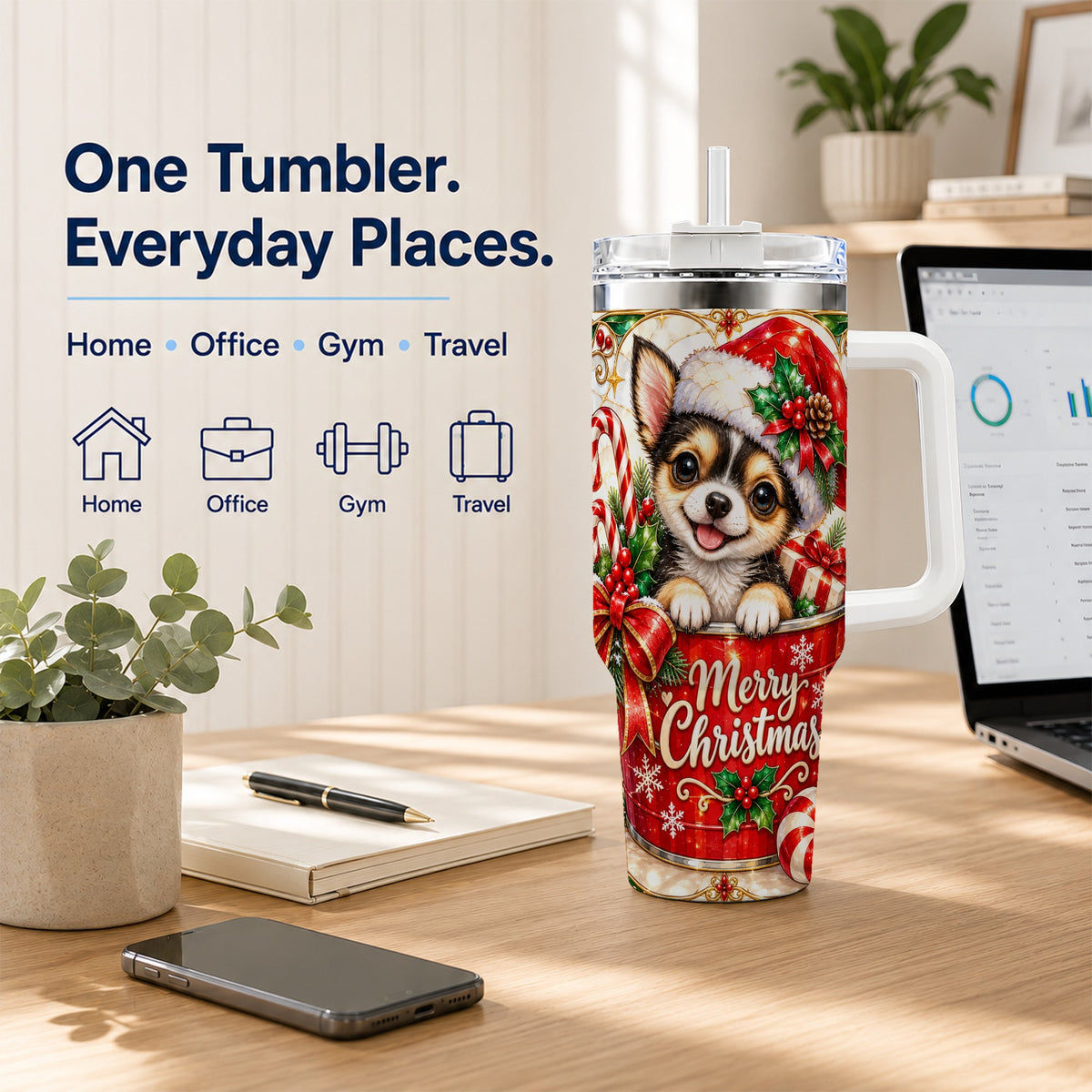 Christmas Chihuahua 40oz Tumbler with Handle, Holiday Dog Travel Cup