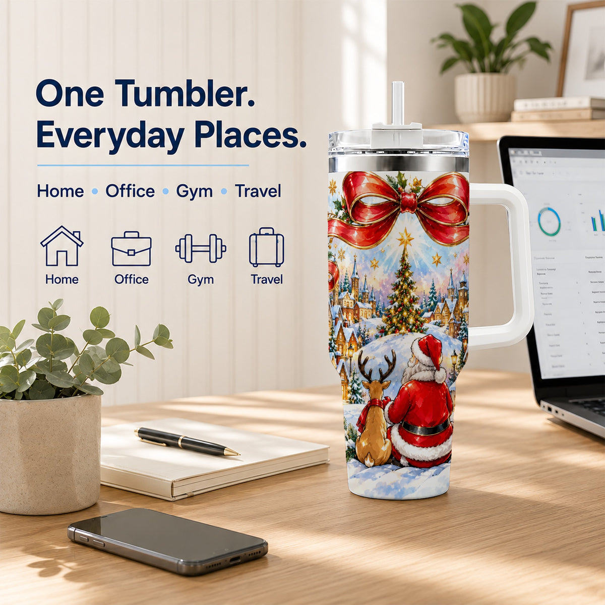 Santa Reindeer 40oz Tumbler with Handle, Snowy Christmas Village