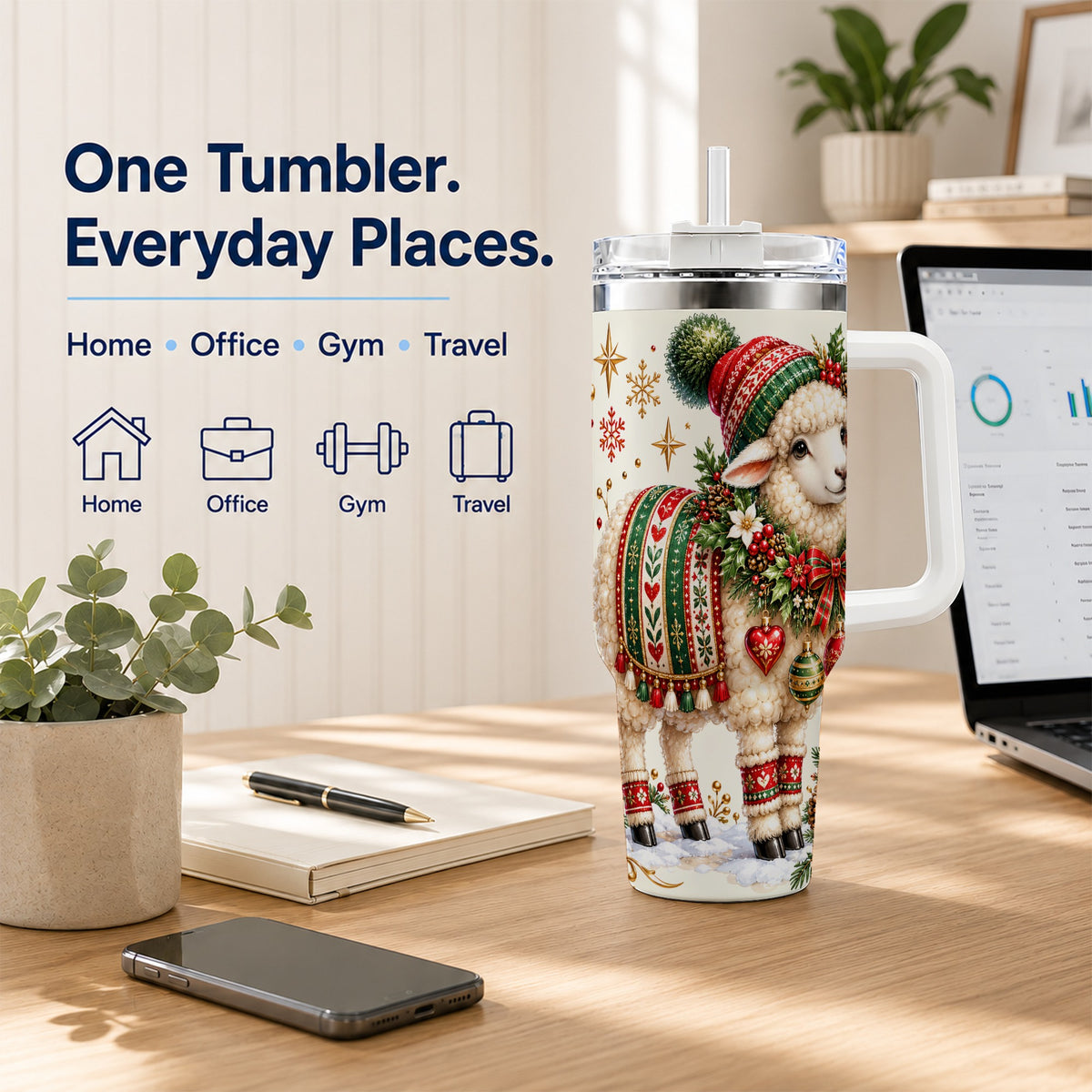 Christmas Lamb 40oz Tumbler with Handle, Cozy Winter Sheep Artwork