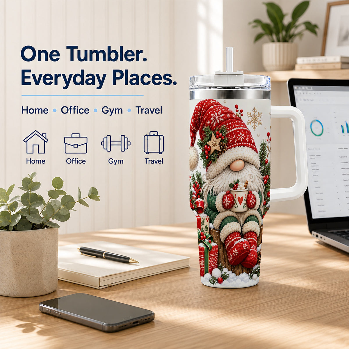 Christmas Gnome 40oz Tumbler with Handle, Cozy Scandinavian Holiday Art