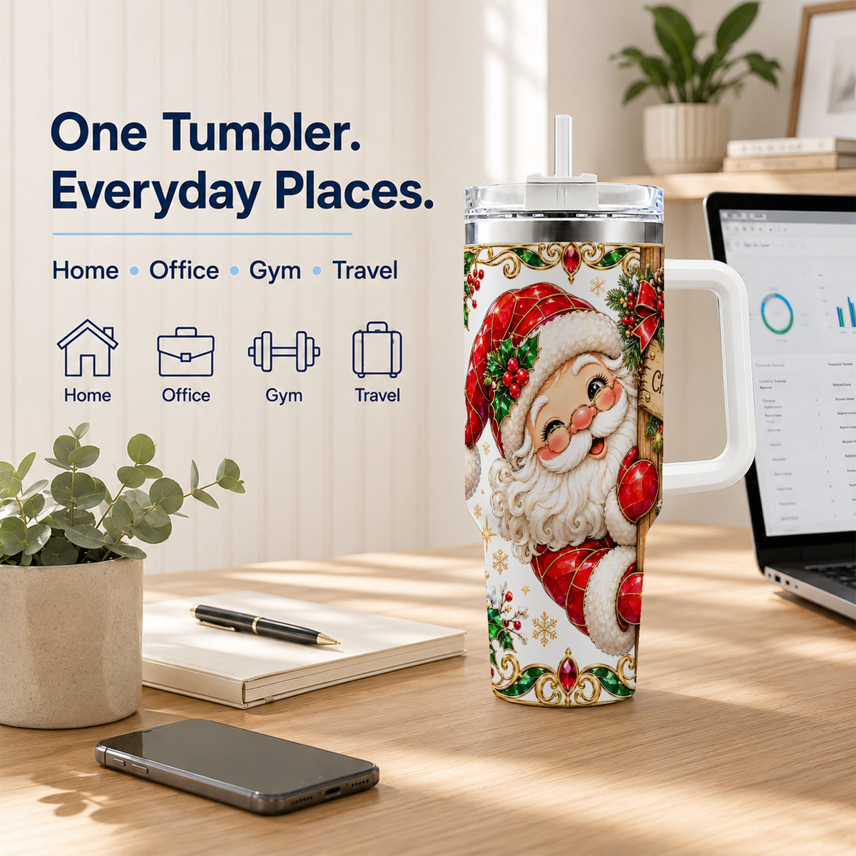 Peeking Santa 40oz Tumbler with Handle, Christmas Stainless Steel Cup