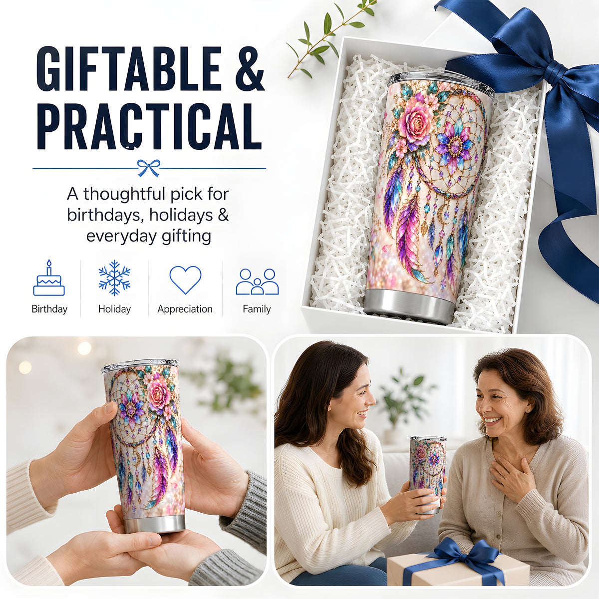 Floral Dreamcatcher Tumbler, 20oz Tumbler with Feather Artwork