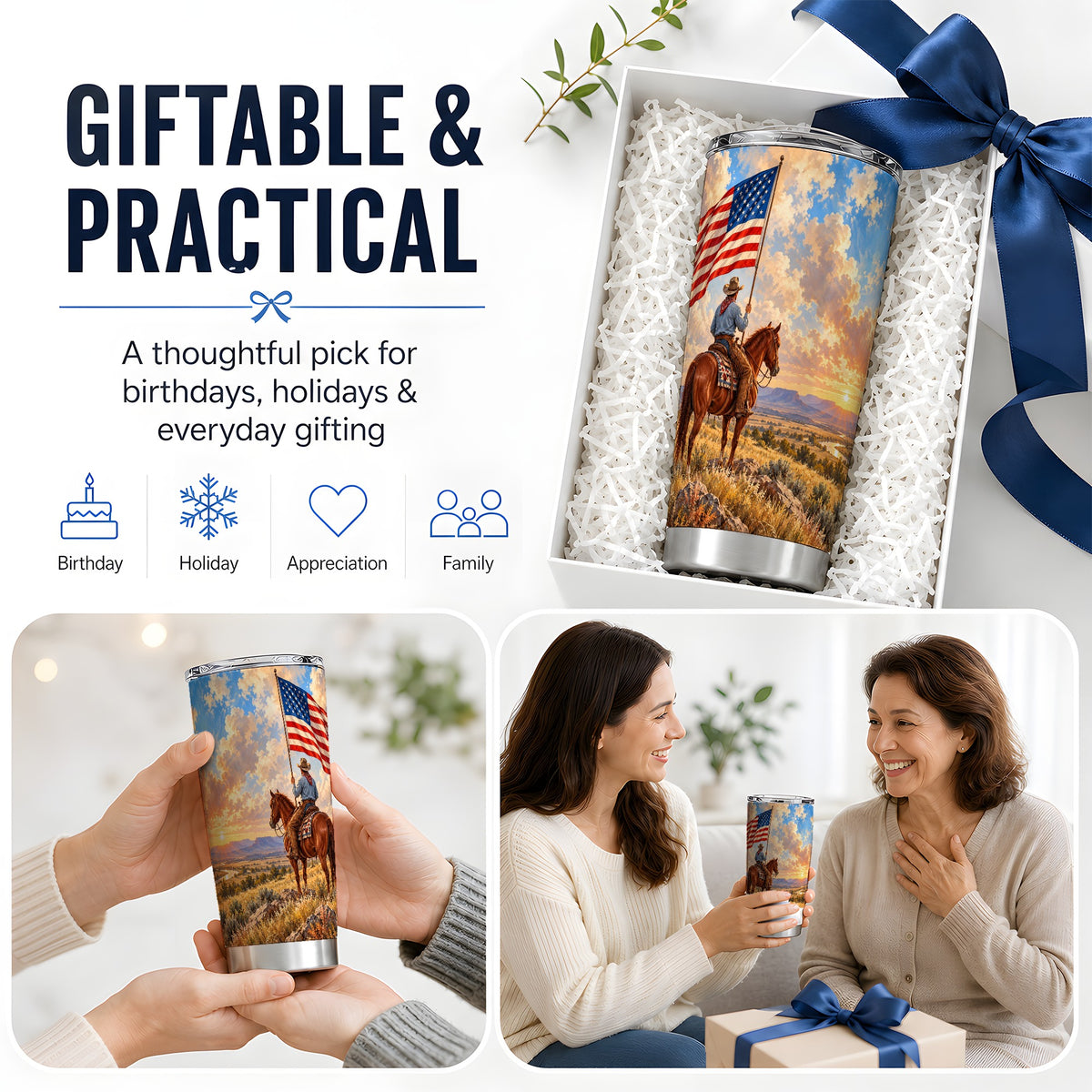 Patriotic Cowboy 20oz Tumbler, Stainless Steel Drinkware for Western Fans