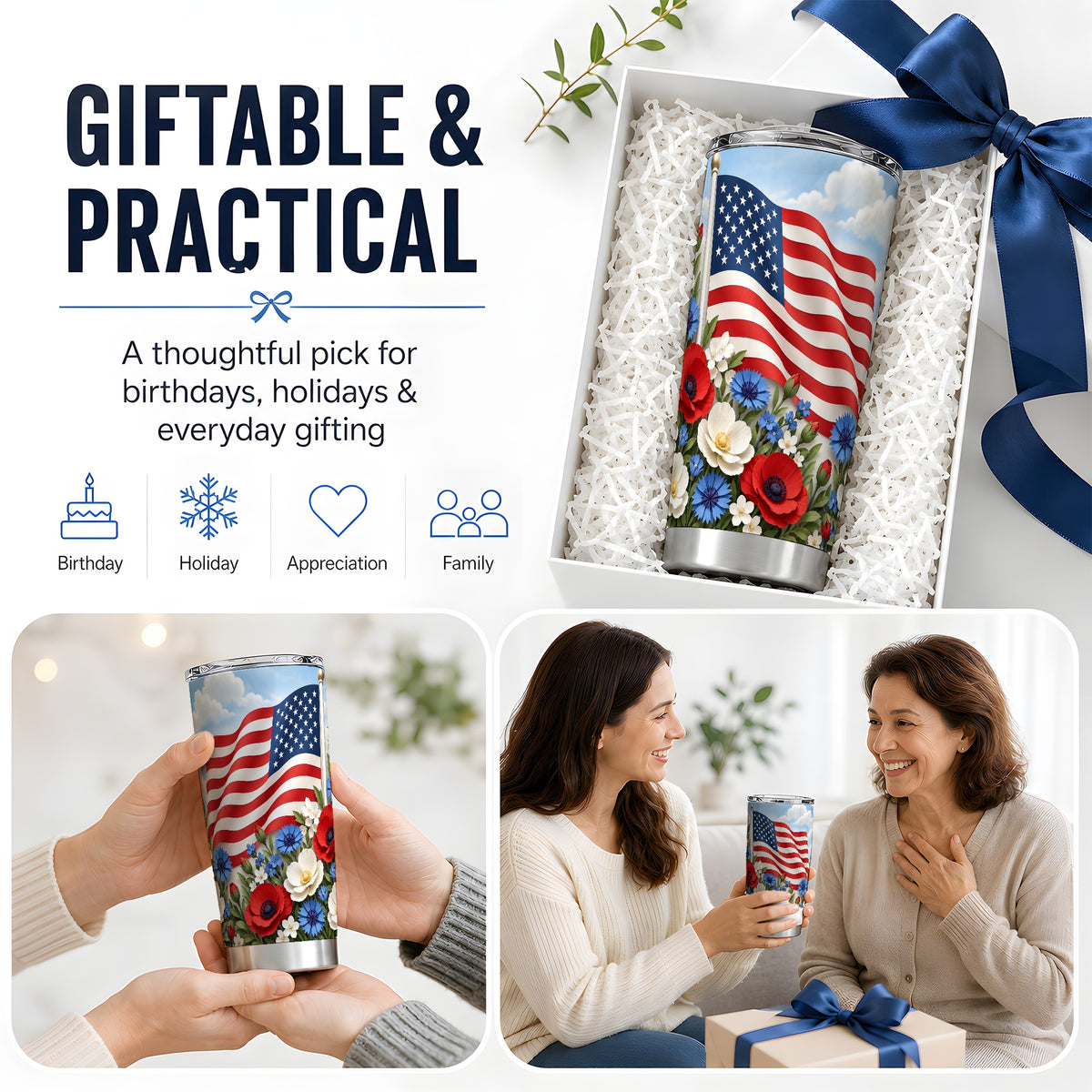 American Flag Floral 20oz Tumbler, Red White Blue Drinkware