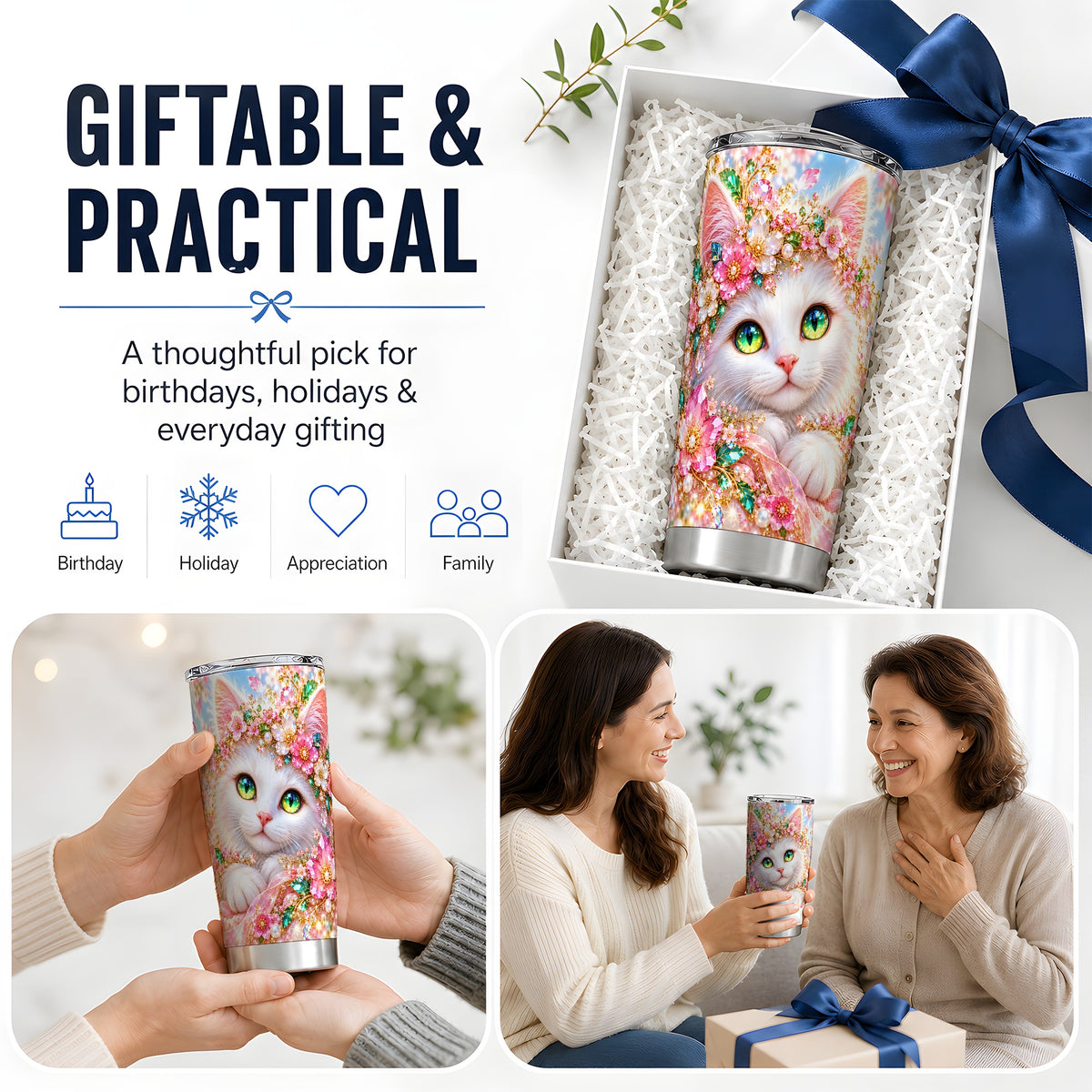 White Cat Floral 20oz Tumbler, Drinkware for Cat Lovers