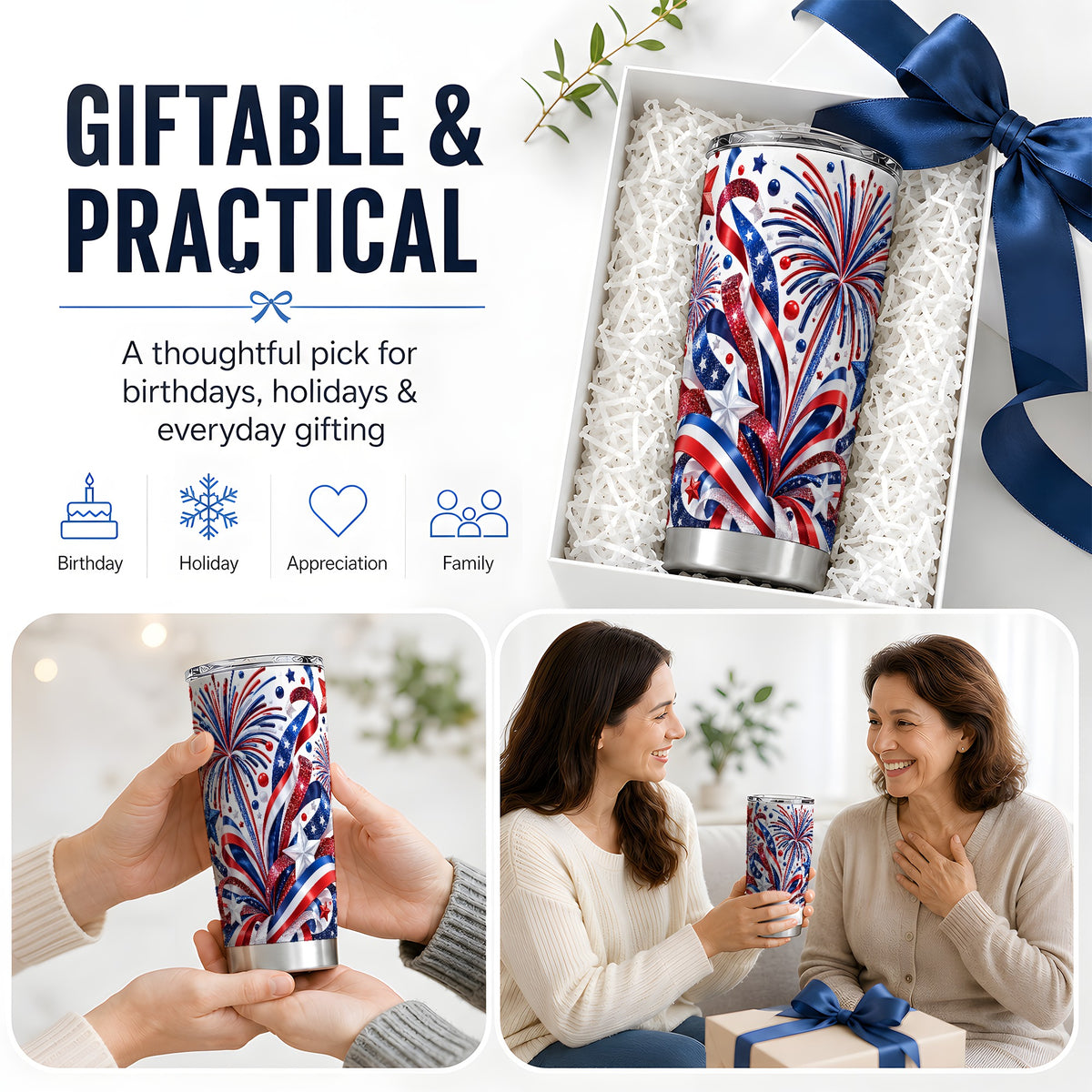 Patriotic Fireworks 20oz Tumbler, Stainless Steel Star Drinkware
