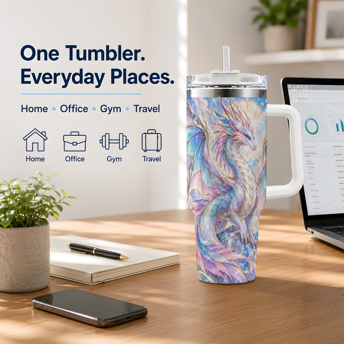 Crystal Dragon Tumbler, 40oz Tumbler with Pastel Fantasy Artwork