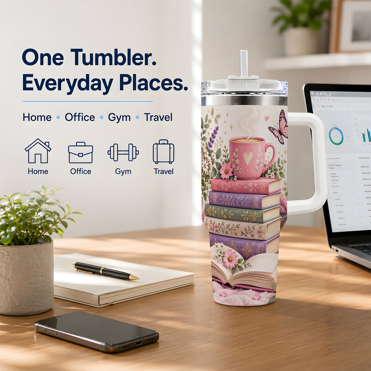 Cozy Reading Cat Floral 40oz Tumbler, Stainless Steel