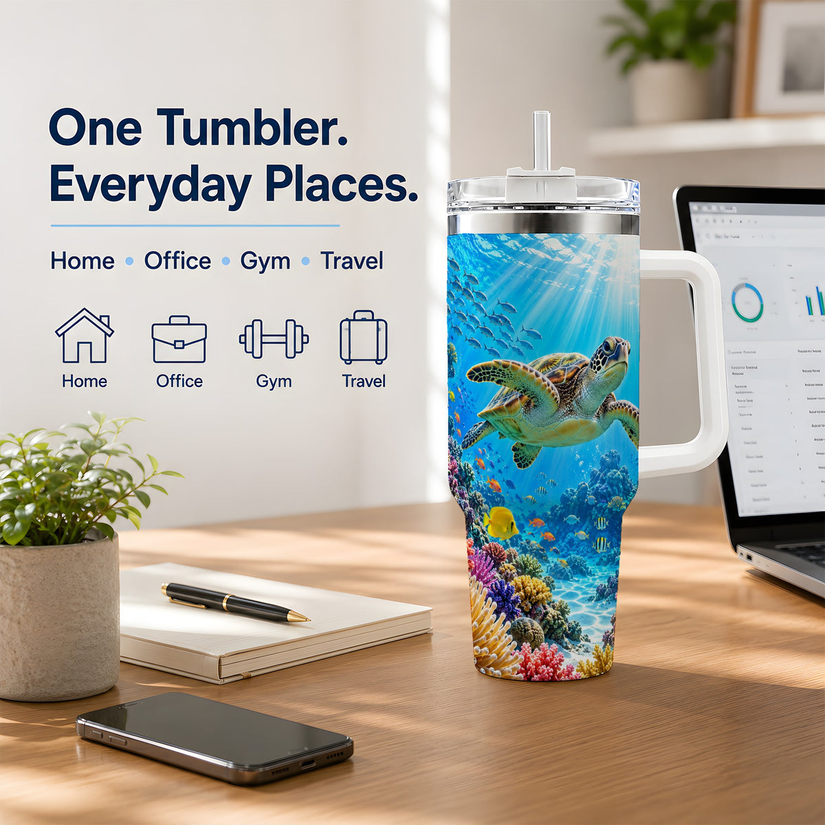 Sea Turtle Reef Tumbler, 40oz Tumbler with Colorful Coral Reef Art