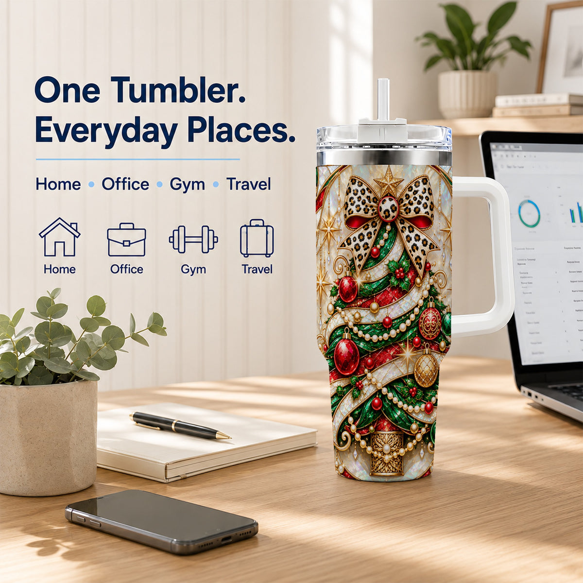 Christmas Tree 40oz Tumbler with Handle, Festive Travel Cup