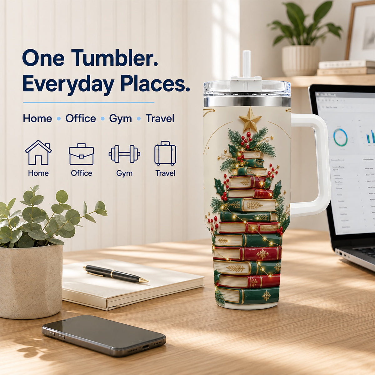 Stacked Books 40oz Tumbler with Handle, Christmas Reading Travel Cup