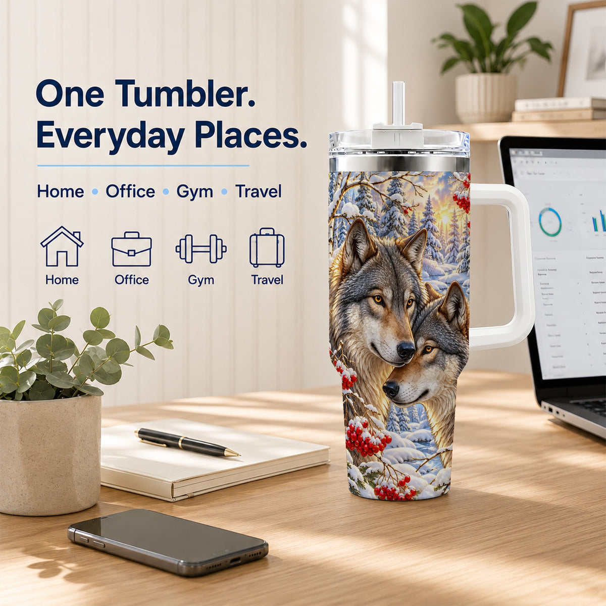 Winter Wolves 40oz Tumbler, Snow Forest Steel Travel Cup