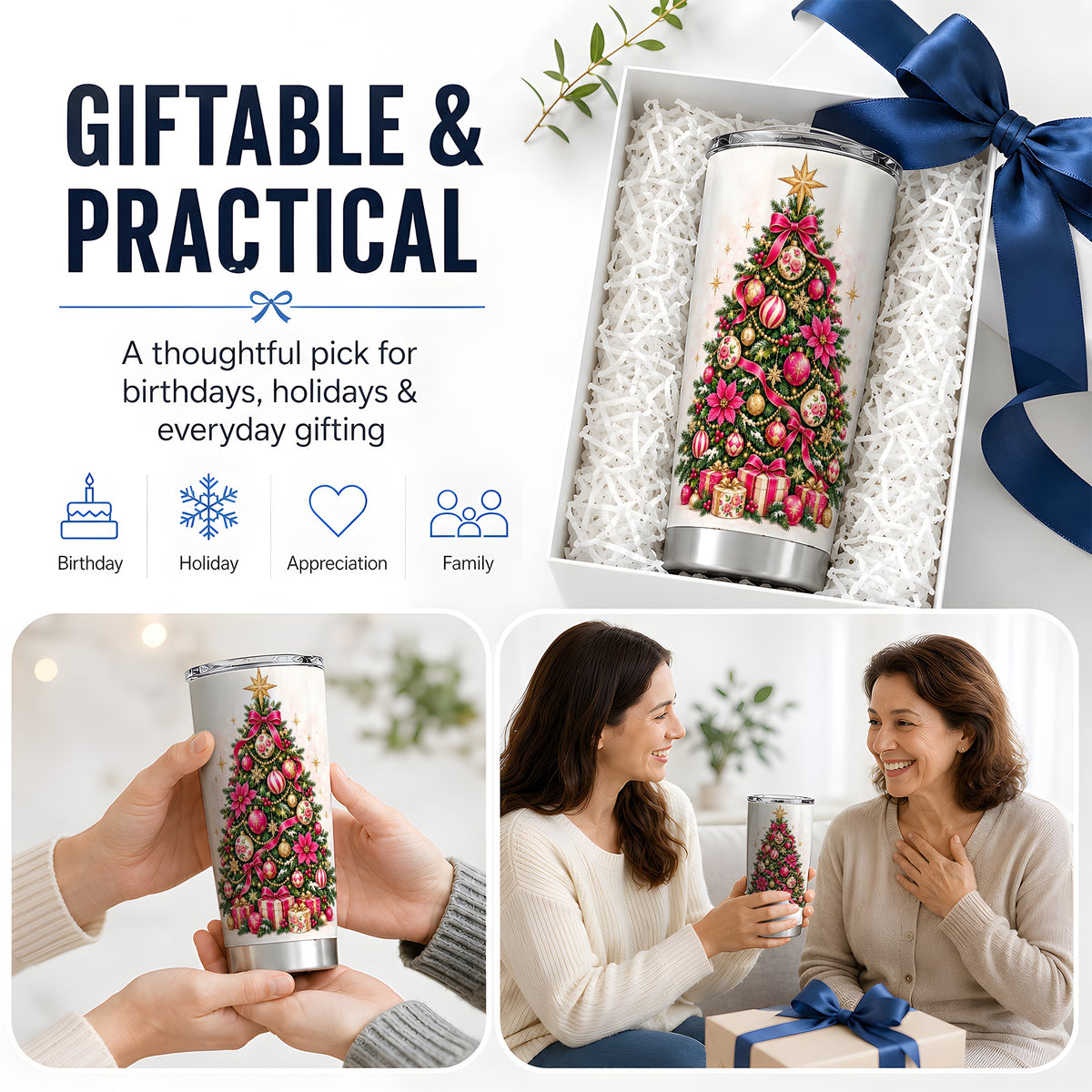 Pink Floral Christmas Tree Tumbler, 20oz Stainless Steel Drinkware