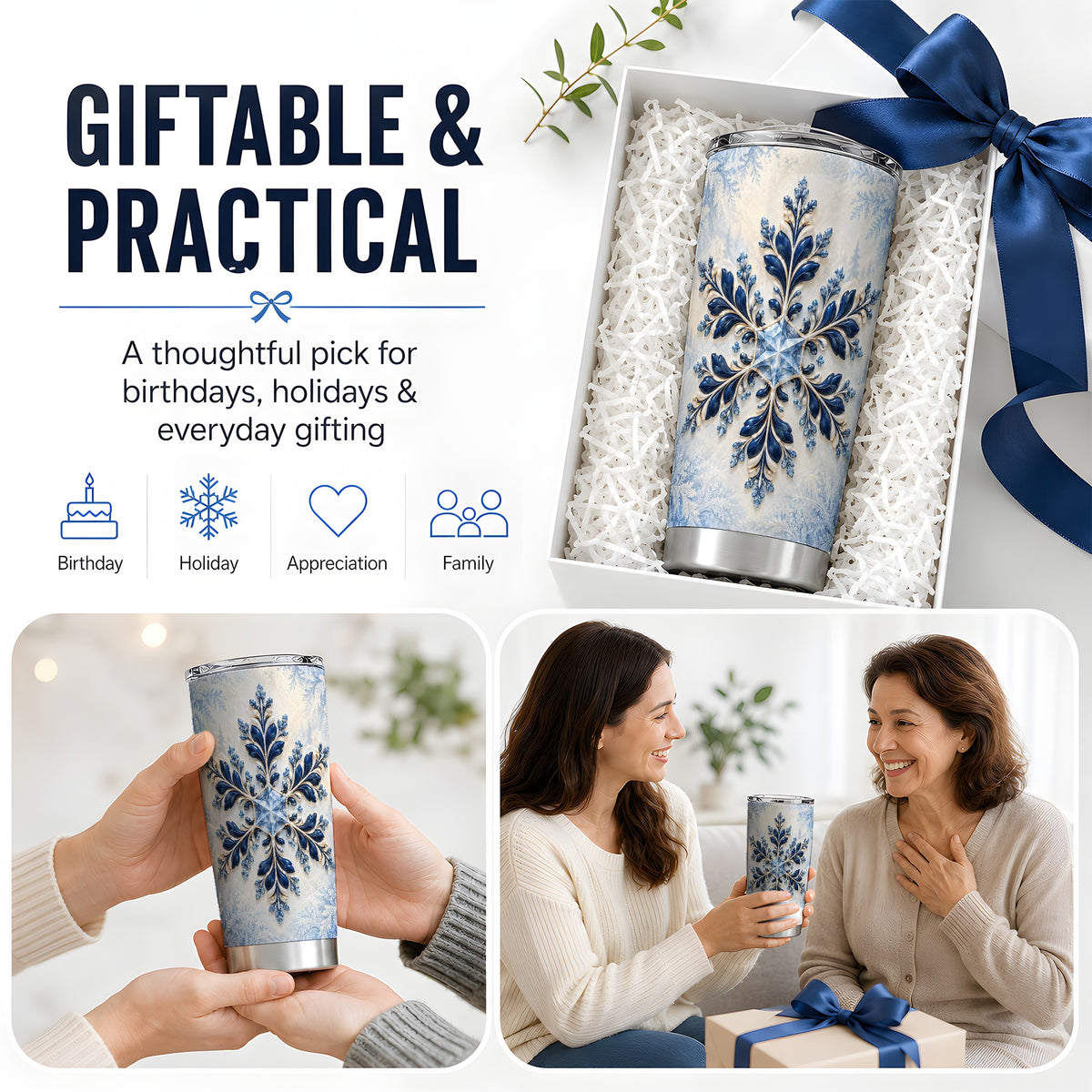 Sapphire Blue Snowflake 20oz Tumbler, Elegant Winter Floral Artwork