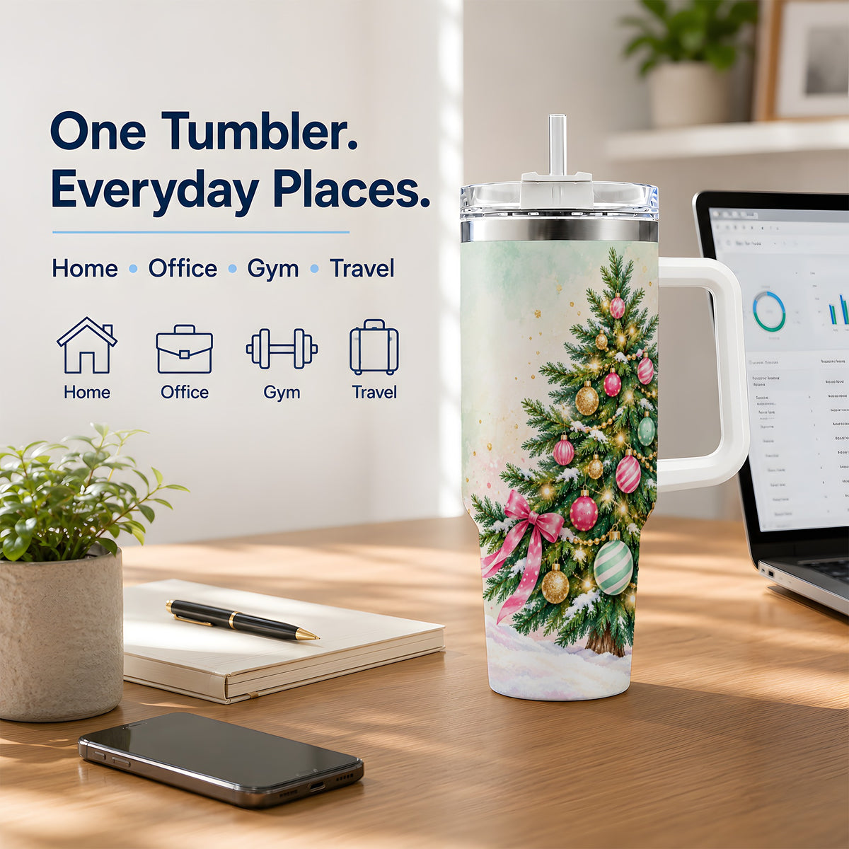 Pastel Christmas Tree Tumbler, 40oz Handled Stainless Steel Drinkware