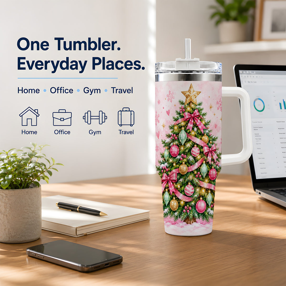 Pink Christmas Tree Tumbler, 40oz Handled Stainless Steel Drinkware