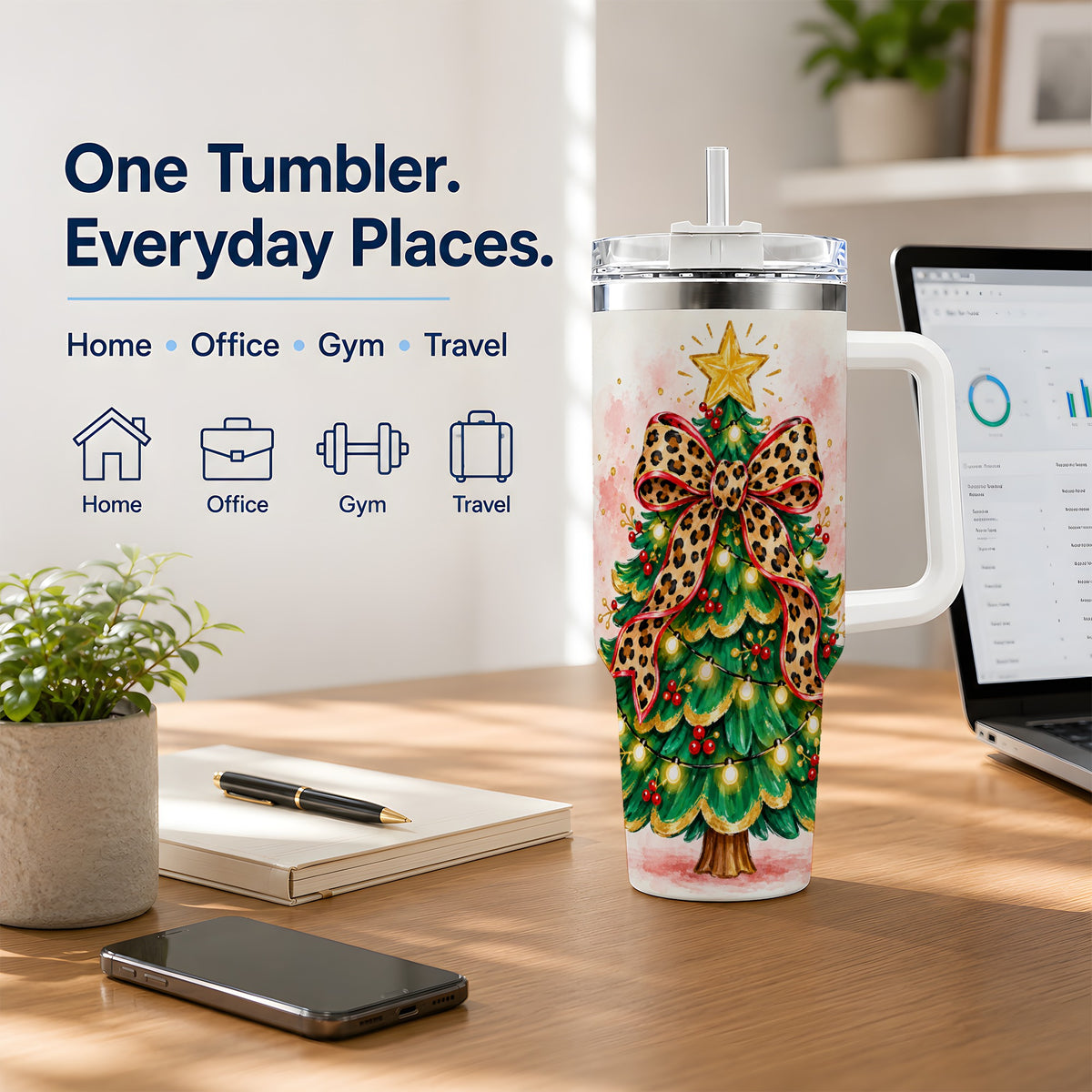 Leopard Print Christmas Tree Tumbler, 40oz Handled Holiday Drinkware