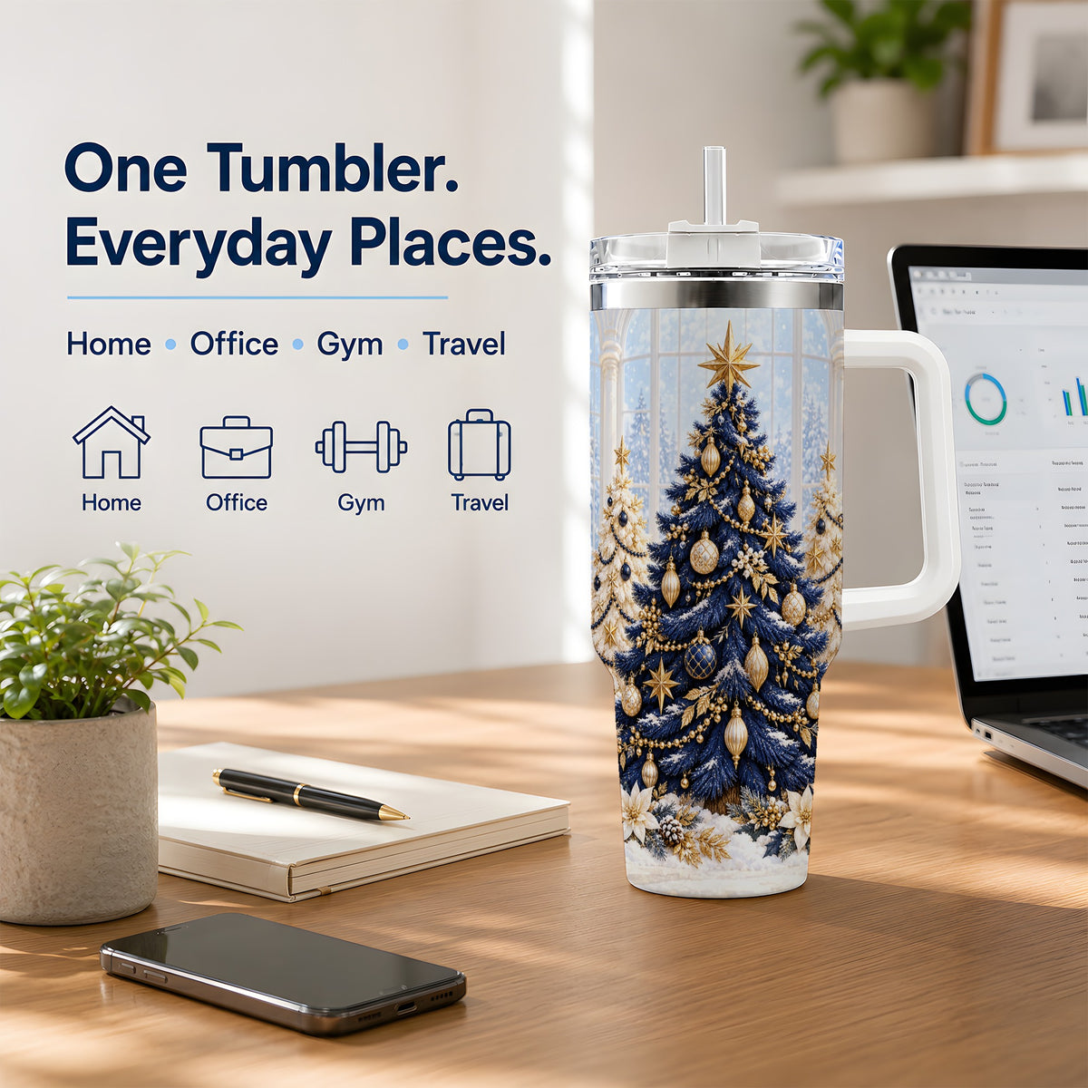 Navy Blue Christmas Trees 40oz Handled Tumbler, Gold Holiday Artwork