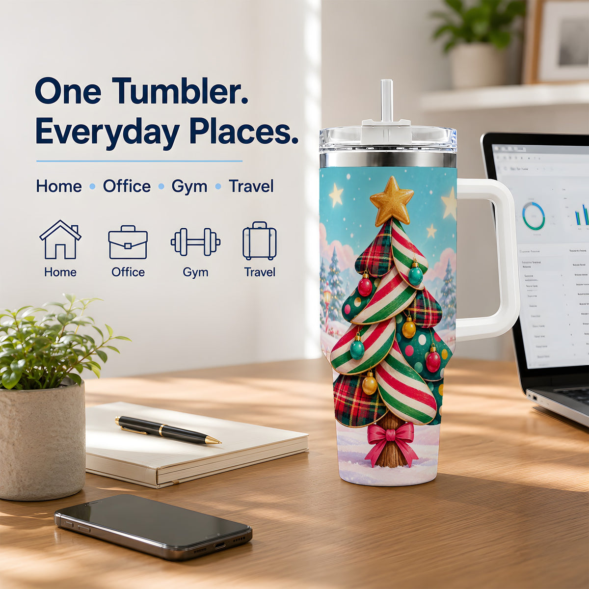 Plaid Christmas Tree 40oz Handled Tumbler, Festive Winter Drinkware