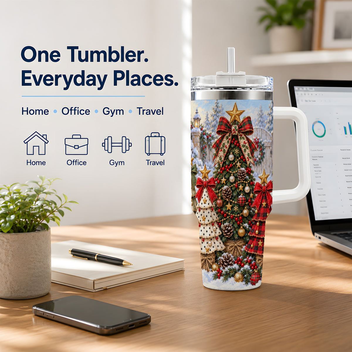 Plaid Christmas Trees Handled Tumbler, 40oz Festive Winter Design