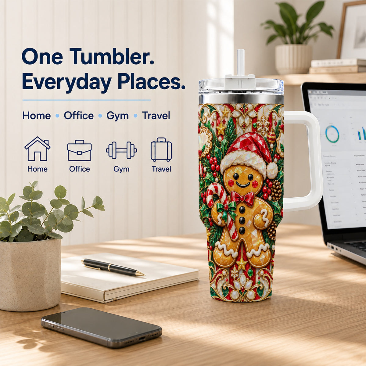 Gem Gingerbread 40oz Tumbler, Christmas Tumbler, Stainless Steel Travel Cup