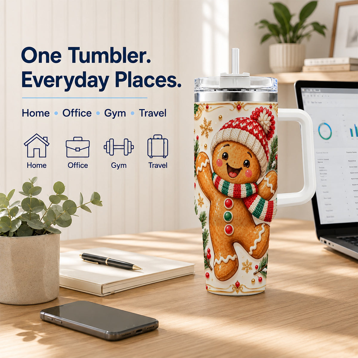 Cheerful 40oz Tumbler, Gingerbread Tumbler, Stainless Steel Travel Cup